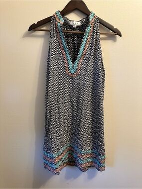 #332 THML Navy Mosaic Swim Coverup Dress with Coral & Turquoise Trim